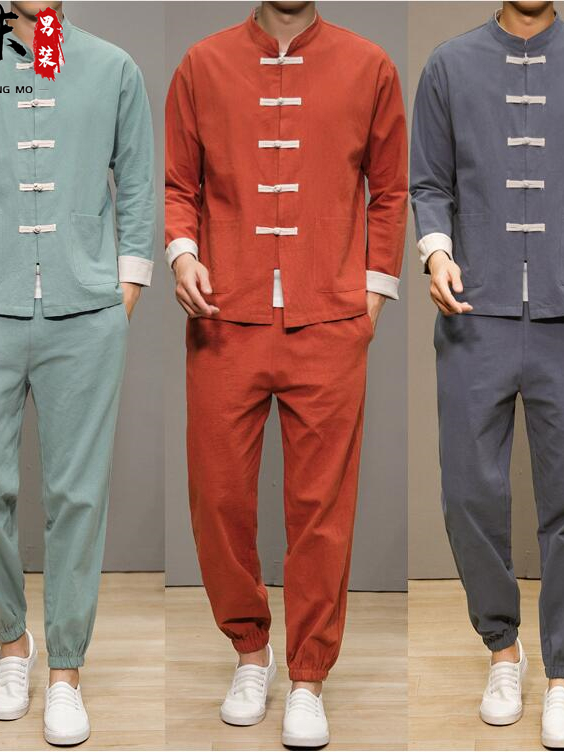 Health & Wellness Stores - 中国風の綿麻の唐服男性用伝統的なヘルスケアセンター禅瞑想長袖シャツとパンツセット